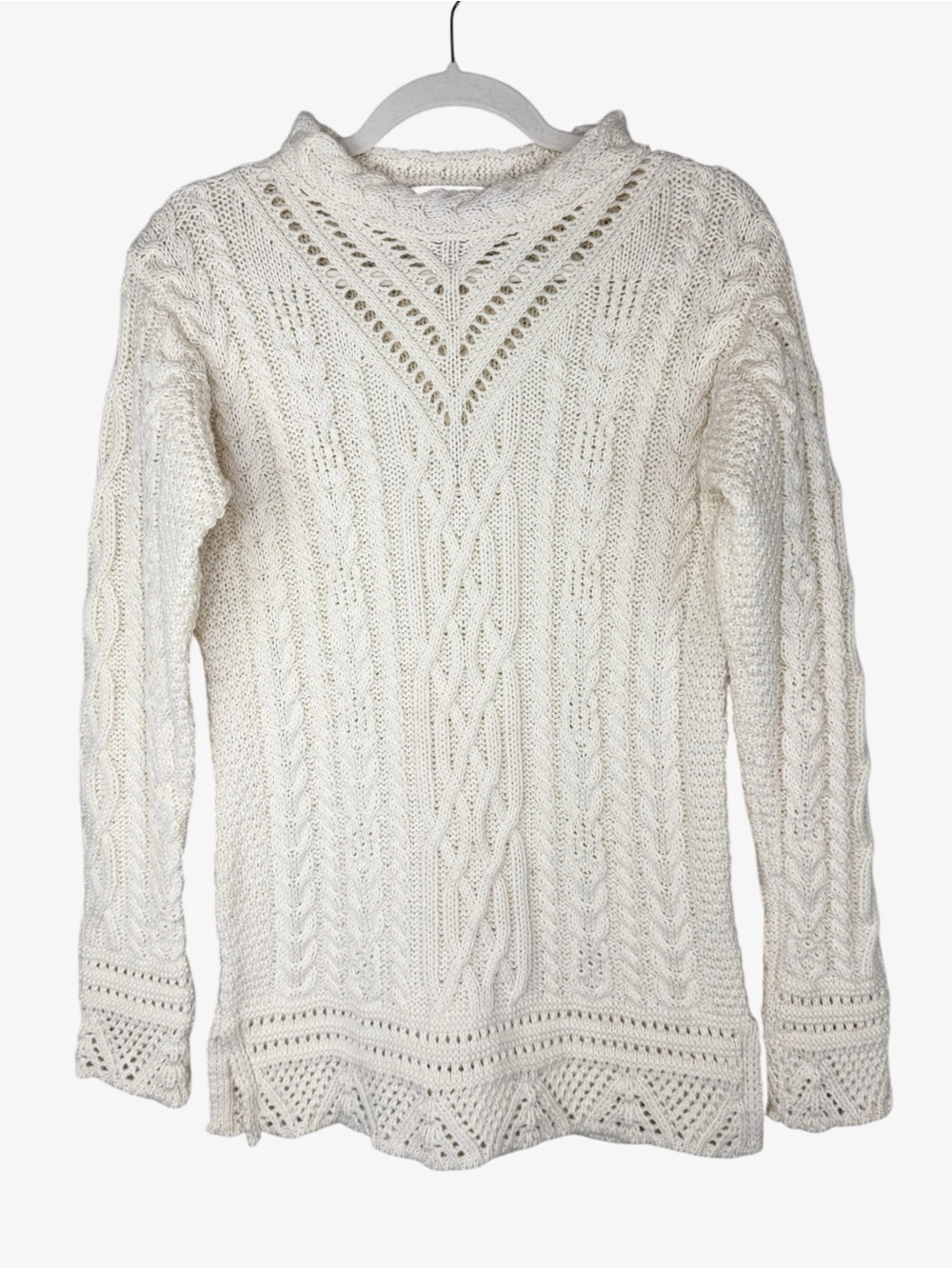 Ivory Merino Wool Fisherman Sweater Women’s S Irish Cable Knit Chunky Pullover